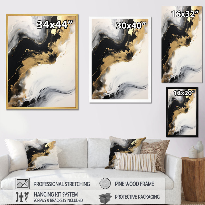 «Organic Bliss Minimal Abstract Gold and Black I», reproduction, H 32 po x l 24 po x P 1 po, Cadre flottant doré