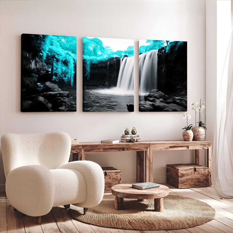 Ensemble de 3 toiles murales représentant un paysage de cascade turquoise, idéales pour la décoration du salon, de la chambre ou de la maison.