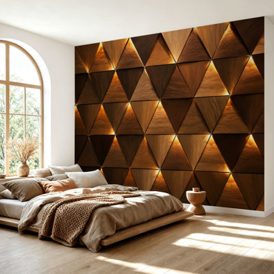 Papier peint adhésif triangles géométriques en bois illuminés tons chauds, papier contact auto-adhésif amovible pour salle de séjour H 69 po x l 96 po