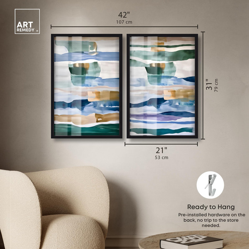 Ensemble de décorations murales « Banded Rhythms » en format shadowbox, bleu, par Art Remedy, cadre noir, 10 x 15