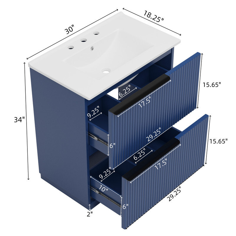 Meuble-lavabo de salle de bain avec lavabo en céramique et tiroirs pleine extension à fermeture en douceur, Bleu