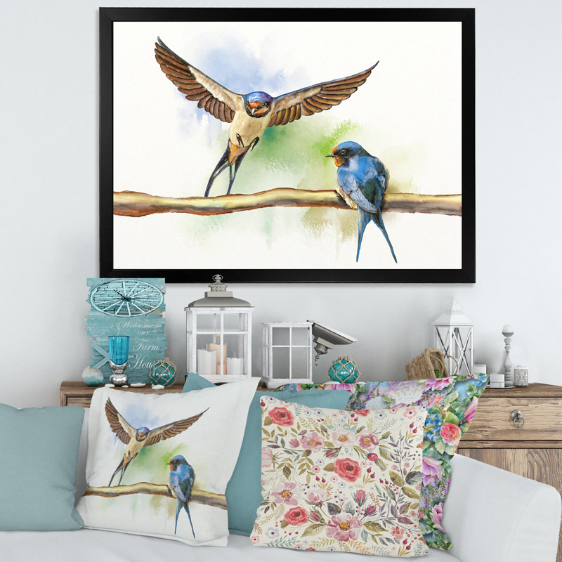 «Two Barn Swallows Birds», peinture sur toile encadrée, H 24 po x l 32 po x P 1 po, Cadre noir
