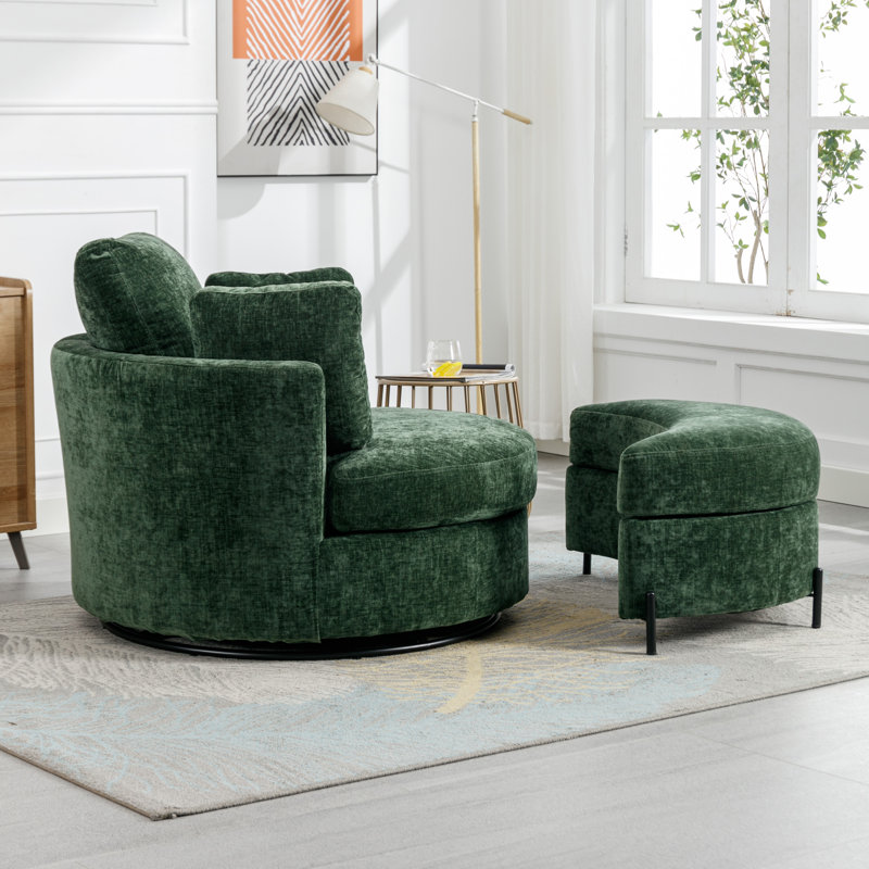 Green Chenille Swivel Barrel Chair with Ottoman