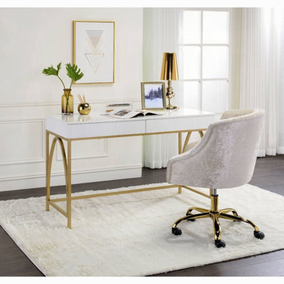 Spada 2-Drawers Writing Desk in White High Gloss and Gold