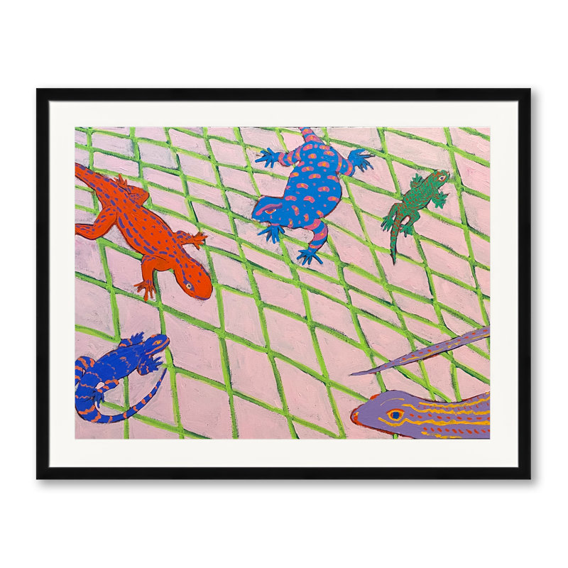 «Lizards on the Sidewalk» par Sue Graef, Papier avec cadre noir, H 25,25 po x l 31,25 po