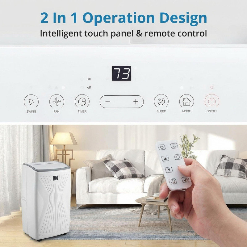 Climatiseur portatif 5-en-1 de 14 000 BTU avec télécommande, refroidissement, ventilateur, déshumidification, modes veille et automatique, affichage DEL, jusqu'à 650 pieds carrés