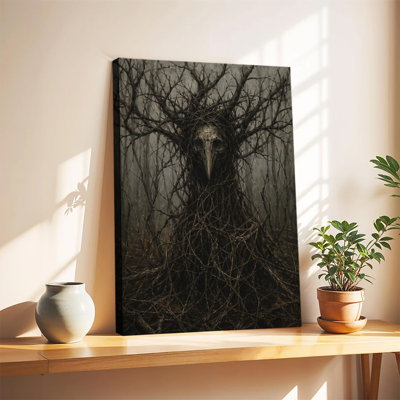 Crâne de corbeau enveloppé de branches enchevêtrées, forêt brumeuse, art mural gothique sombre sur toile