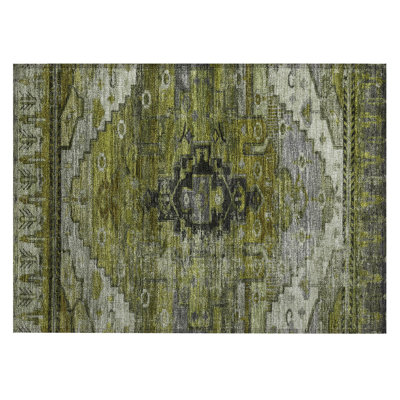 Machine Washable Indoor/Outdoor Xhevrie Olive Rug
