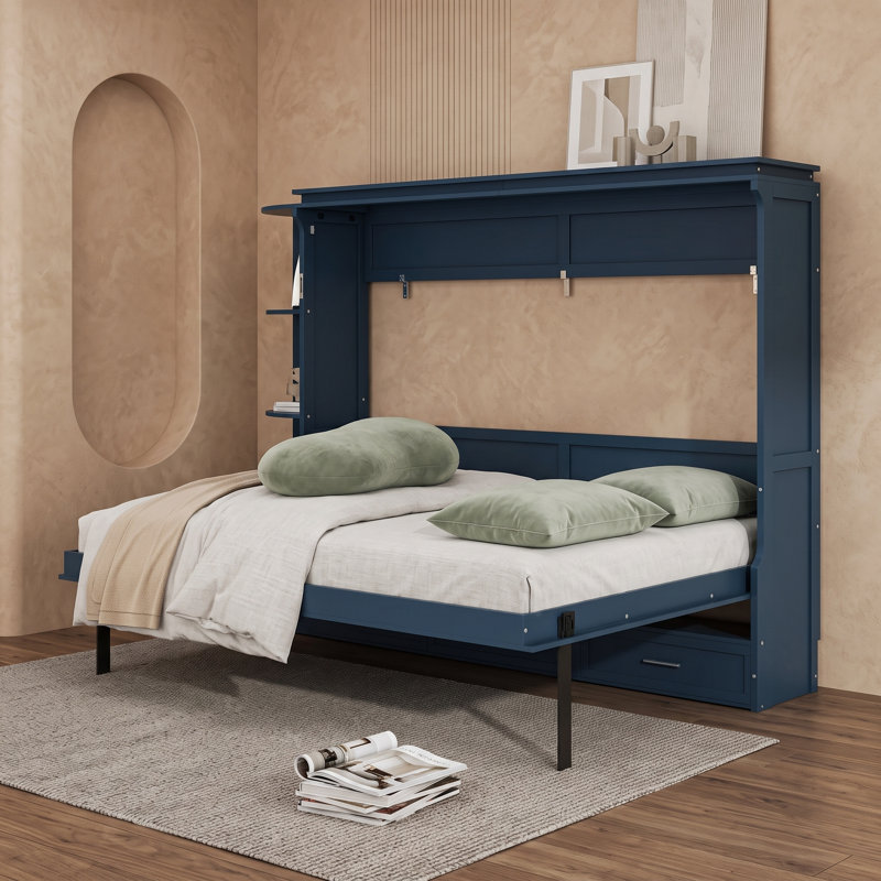 Lit plateforme en bois avec tablettes et tiroirs de rangement Murphy, Full, Blue