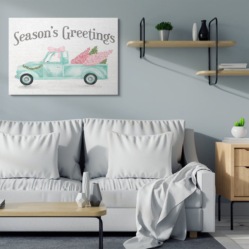 «Pink Turquoise Christmas Season's Greetings Truck» par Daphne Polselli - impression d'art graphique, Toile tendue