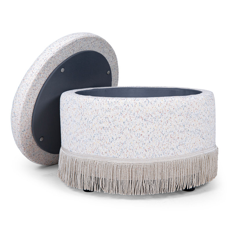 Repose-pieds de rangement rond entièrement assemblé en mélange de lin avec bordure à pampille, Lin beige