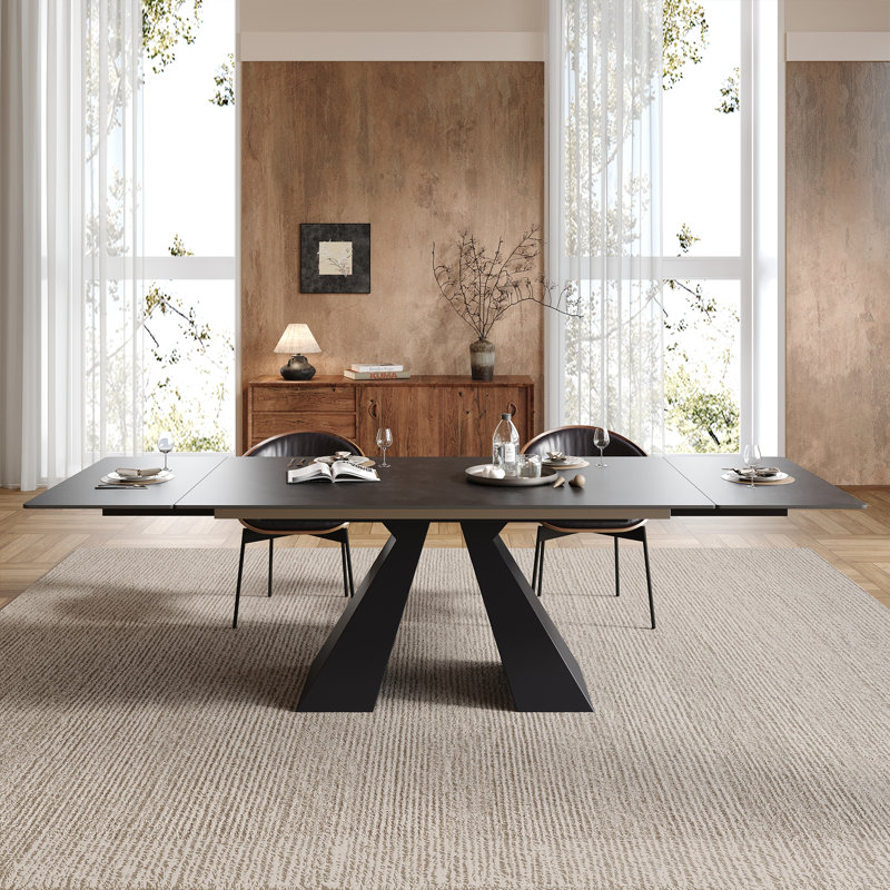 63"-95" Extendable Black Matte Sintered Stone Dining Table for 4-10 People with Black Steel Legs