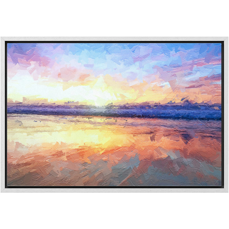 Coucher de soleil sur la plage au bord de l'océan - reproduction, Cadre blanc, H 16 po x l 24 po x P 1,5 po