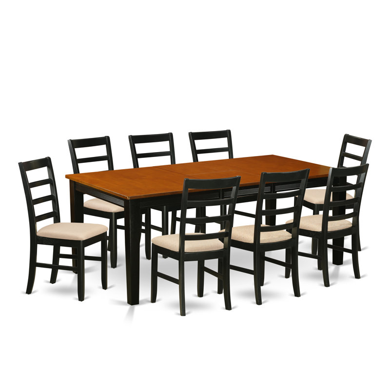 9 Piece Dining Table Set Includes a Rectangle Dinner Table with Butterfly Leaf and 8 Linen Fabric Dining Room Chairs, Black & Cherry