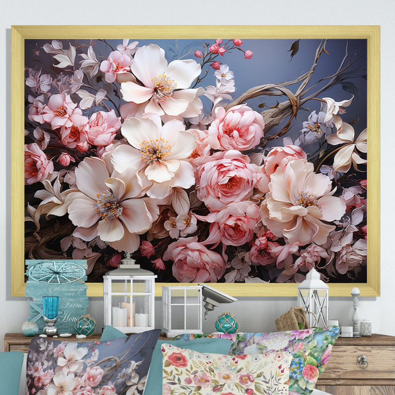 «Pink Wreath», impression romantique sur toile encadrée, Or, H 34 po x l 44 po x P 1,5 po