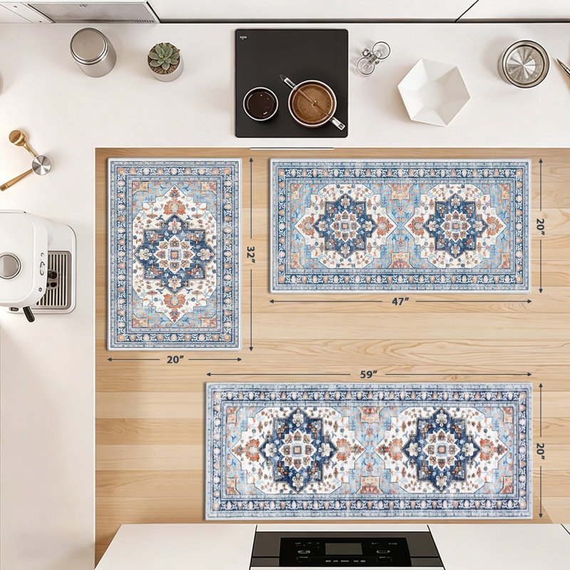 Washable Non Slip Kitchen Rug Kitchen Mat (Set of 3), Blue