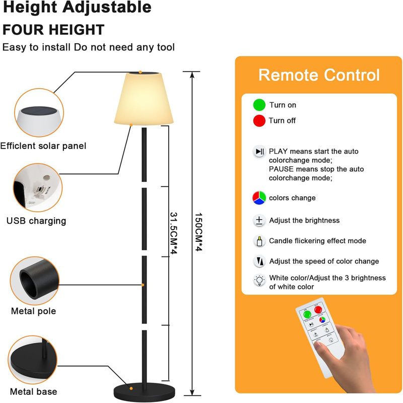 Lampe solaire sur pied solaire rechargeable USB sans fil à intensité variable RVB blanc chaud à DEL pour patio de jardin base ronde 59 po noir