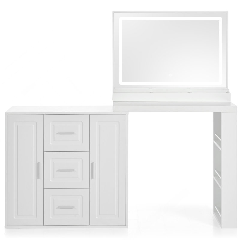 Bureau de coiffeuse 59 "avec miroir, miroir de coiffeuse avec lumières, coiffeuse avec 3 tiroirs et 2 armoires, coiffeuse avec tablettes de rangement pour la chambre à coucher, blanc