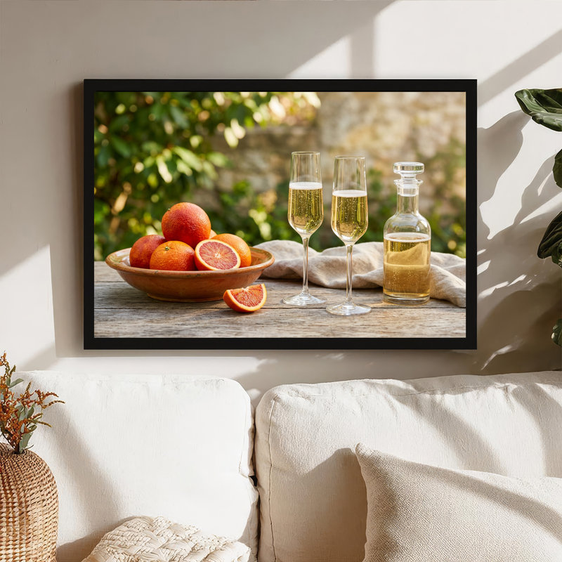 Oranges sanguines et flûtes à champagne sur une table en bois, art mural, H 16 po x l 24 po