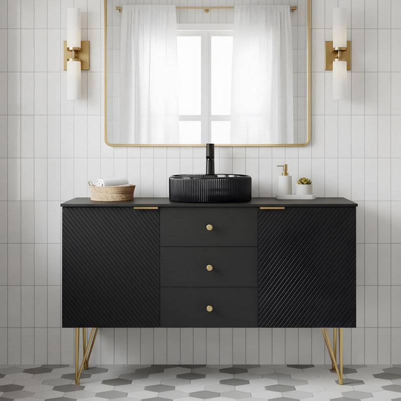 Meuble-lavabo de 48 po avec lavabo rond en verre noir transparent et comptoir en pierre frittée noire