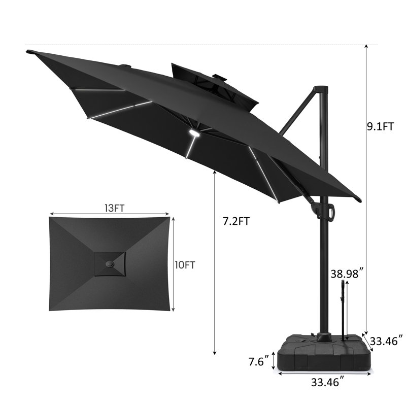 Parasol extérieur rectangulaire en porte-à-faux à DEL 153 "x 116" avec base lestée, Noir