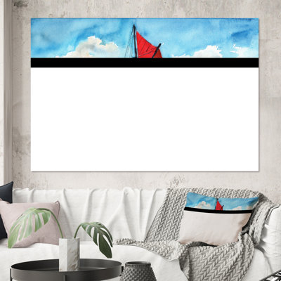 Voilier avec voiles rouges sur l'océan bleu - Peinture sur toile