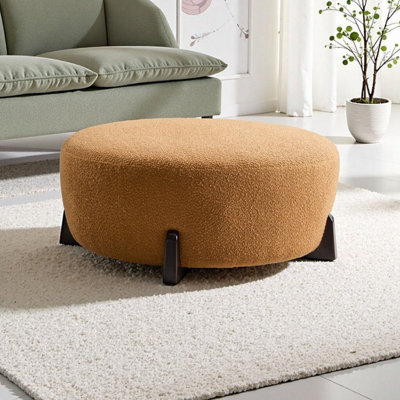Round Ottoman With Boucle Upholstery And 4 Solid Wood Legs