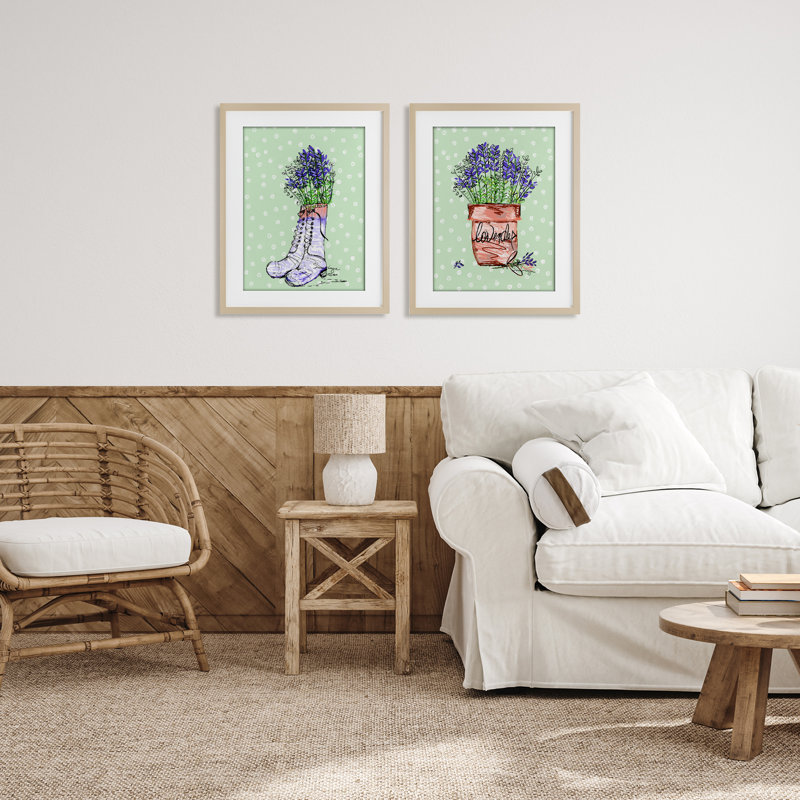 Lavande, herbes, bottes et pot, ensemble de 2 impressions encadrées sous verre, design par Susan Lugar, H 21 po x l 17 po