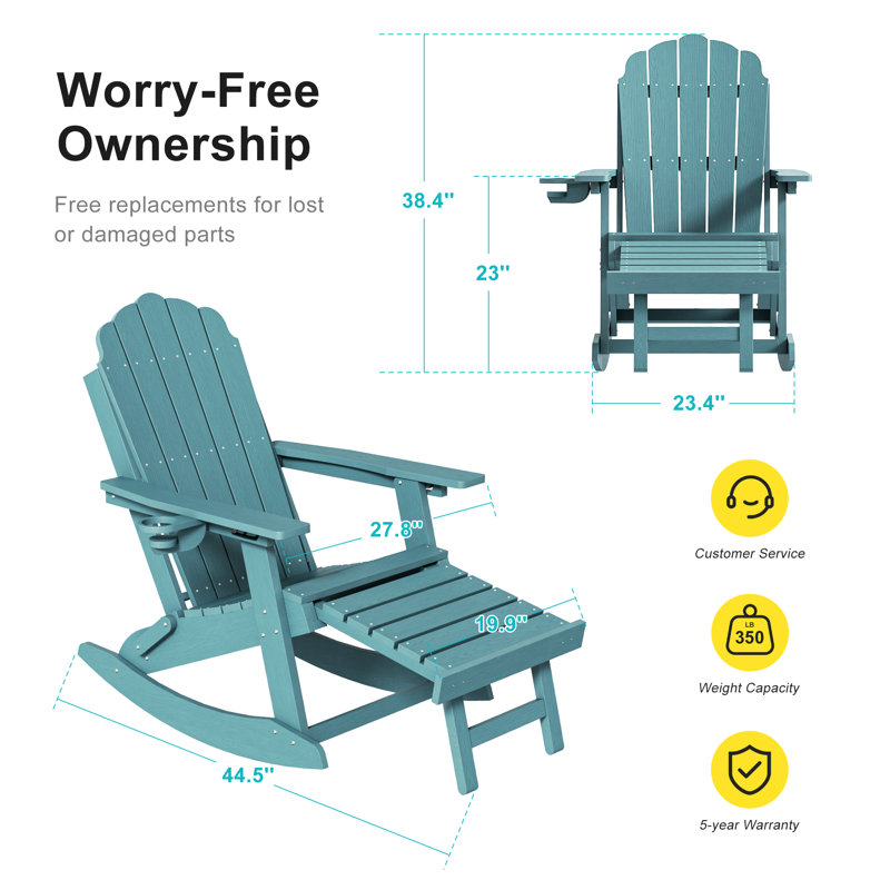 All-Weather HDPE Folding Adirondack Rocking Chair with Retractable Ottoman, 3-Position Adjustable Outdoor Rocking Chair for Patio, Gargen, Deck