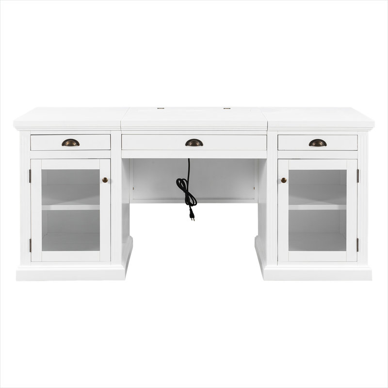 Bureau de direction 67 avec rangement et puissance, poste de travail rectangulaire moderne en bois massif et panneau de fibres à densité moyenne blanc