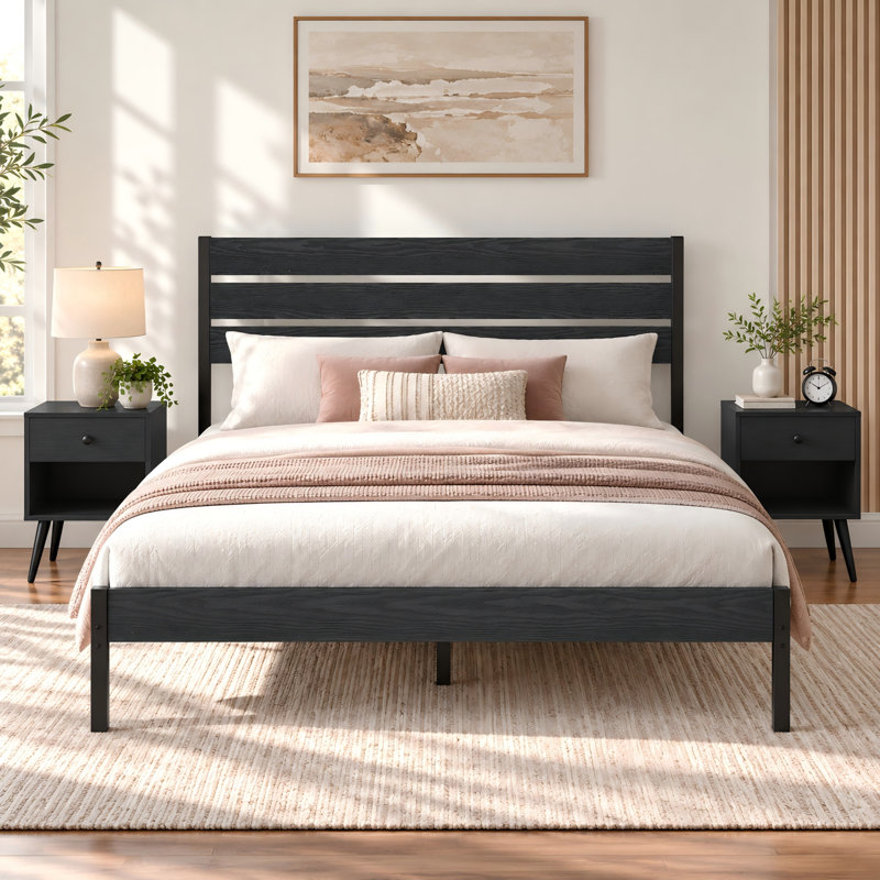 Ensemble de chambre à coucher Purtell de style industriel rustique : lit plateforme en métal avec tête de lit en bois et 2 tables de chevet assorties, sommier à lattes en acier robuste, aucun sommier à lattes requis, tables d'appoint avec tiroir de rangement