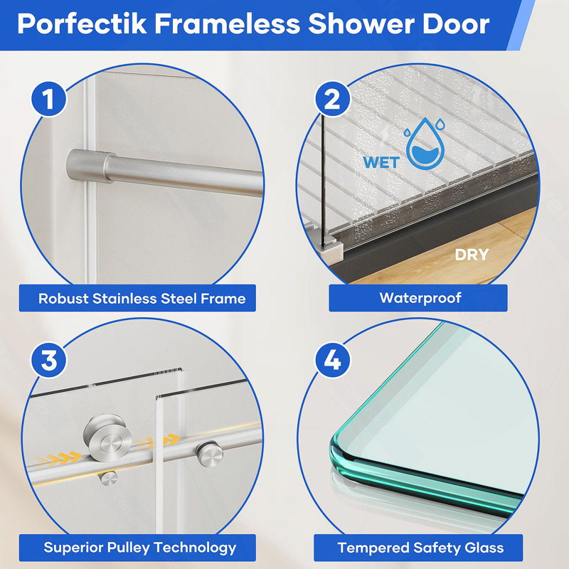 Porte de douche coulissante simple sans cadre avec quincaillerie en acier inoxydable