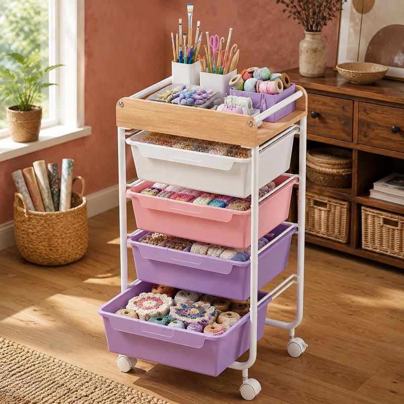 Chariot de rangement mauve avec rangement en bois pour artisanat pour enfants