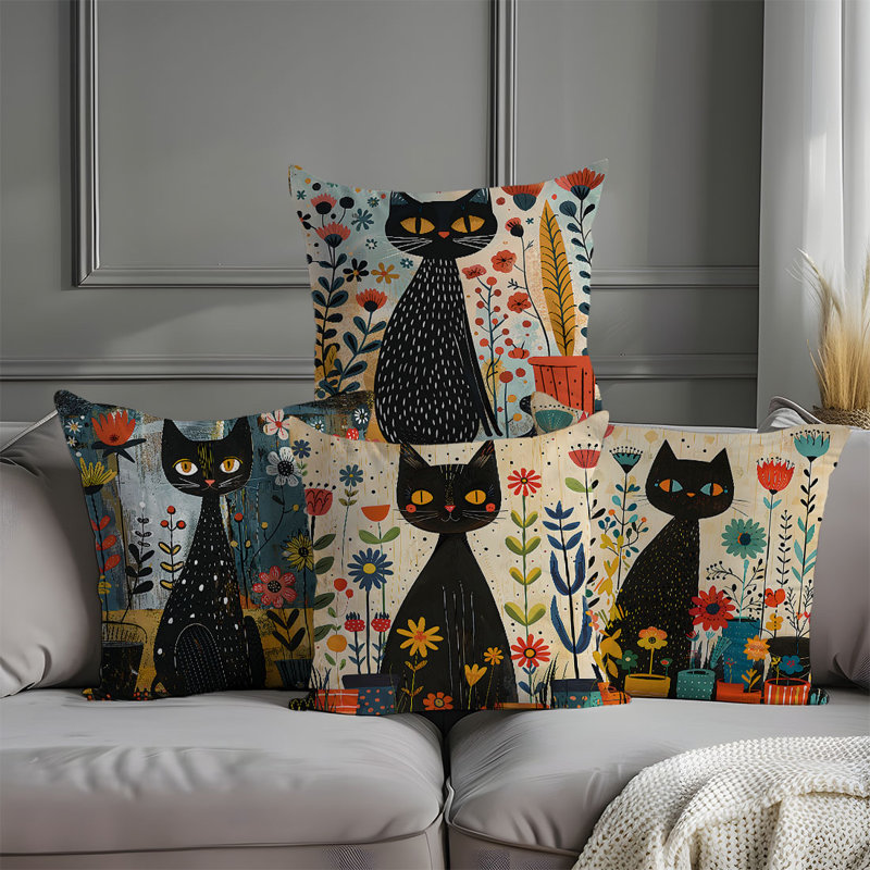 4 housses de coussin décoratif motif chat et fleur