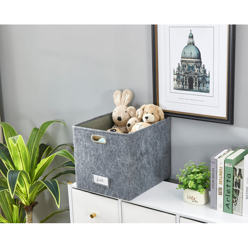 13x15 Collapsible Felt Cube Storage Bin with Label Holder and Metal Handles, Dark Gray