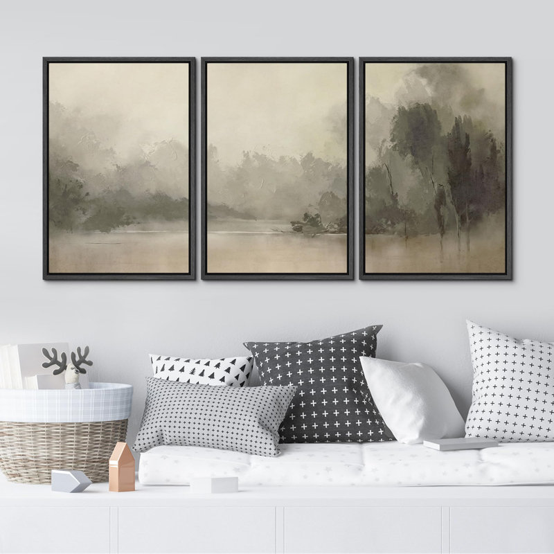 "Misty Forest And Lake Nature Wilderness Illustration Modern Decor Calm Relax Cozy For Chambre" 3 - Pièces, Noir