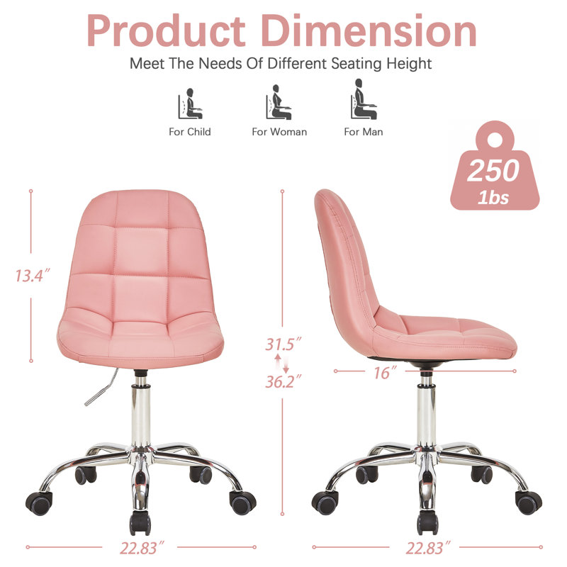 Set Of 2 Modern Armless Office Chair With Wheels, Adjustable Height Mid-Back Swivel Desk Chair, Pink
