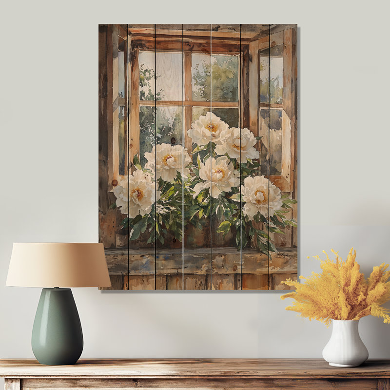 Peonies At The Barn Window II - Peonies Wood Wall Decor - On Natural Pine Wood, 44" H x 34" W x 0.78" D