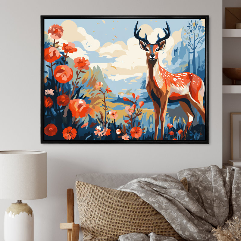 Red and Blue Deer In Forest - Deer, art mural animal, Cadre flottant noir, H 30 po x l 40 po x P 1,5 po