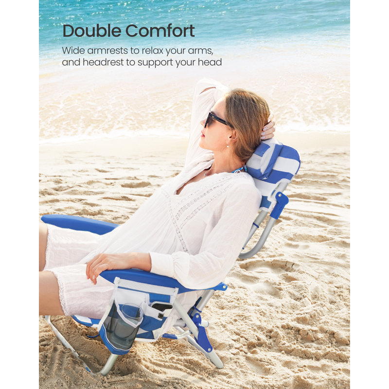 Beach Chair, Folding Camping Chair, Portable Outdoor Chair, 331 Lb Capacity, Carry As A Backpack, With Adjustable Backrest, Headrest, Armrest, 2 Side Pockets, Blue And White UGCB62BU