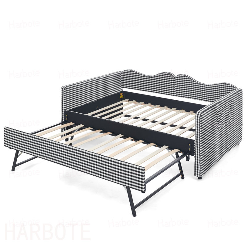 Lit de jour double, lit de jour rembourré en vichy équipé d'un cadre gigogne escamotable et d'une poche de rangement latérale, canapé-lit multifonctionnel en bois massif