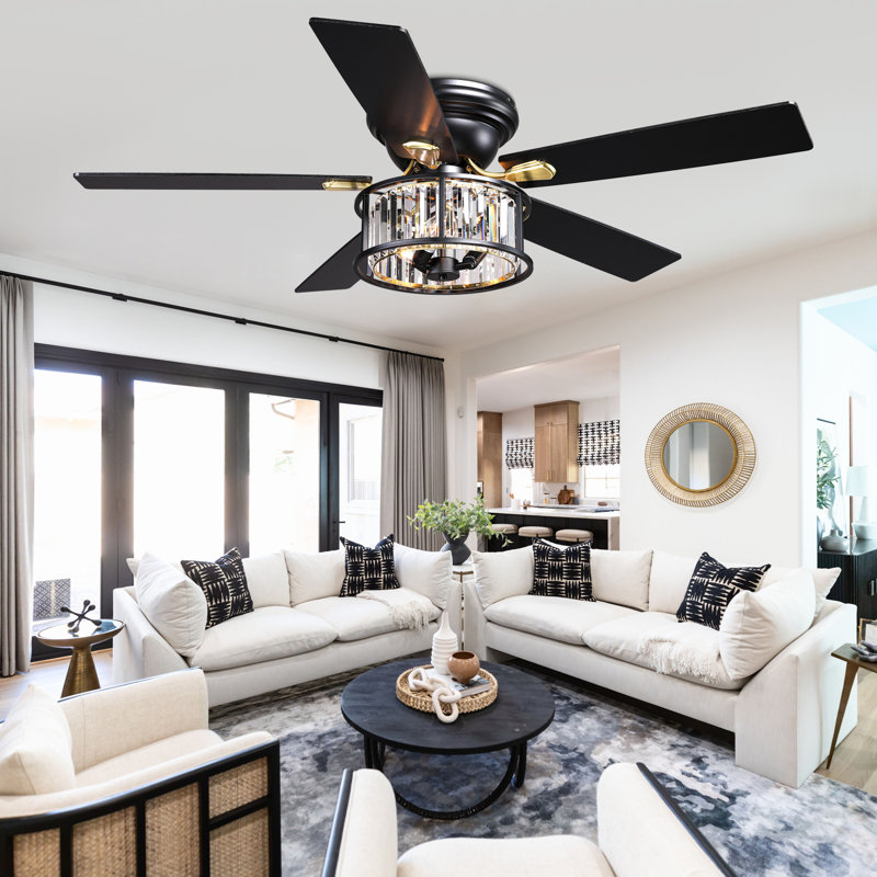 52" Black Modern Crystal Flush Mount Ceiling Fan with Light and Remote Control, 6-Speed DC Motor Light Fixture for Living Room, Bedroom