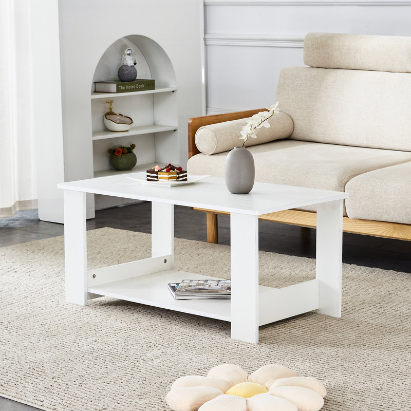 Bonni Rectangular Coffee Table with Storage Shelf, White, 16.5" H x 35.4" L x 21.7" W