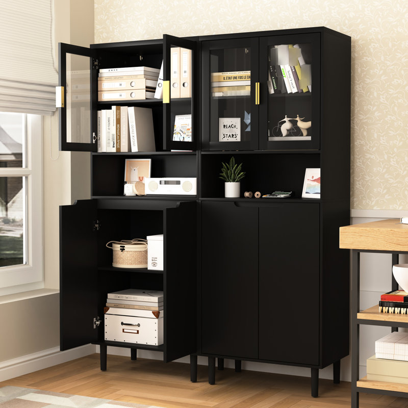 Armoire de rangement haute avec portes vitrées noires en verre trempé, 4 portes, réglable pour chambre à coucher, salon et