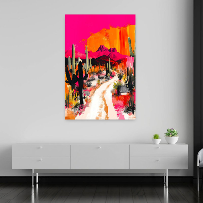 Vibrant Desert Road Abstract Dramatic Vibrant Cactus Landscape Nature Wall Art Print 1 Piece Wrapped Canvas Wall Art