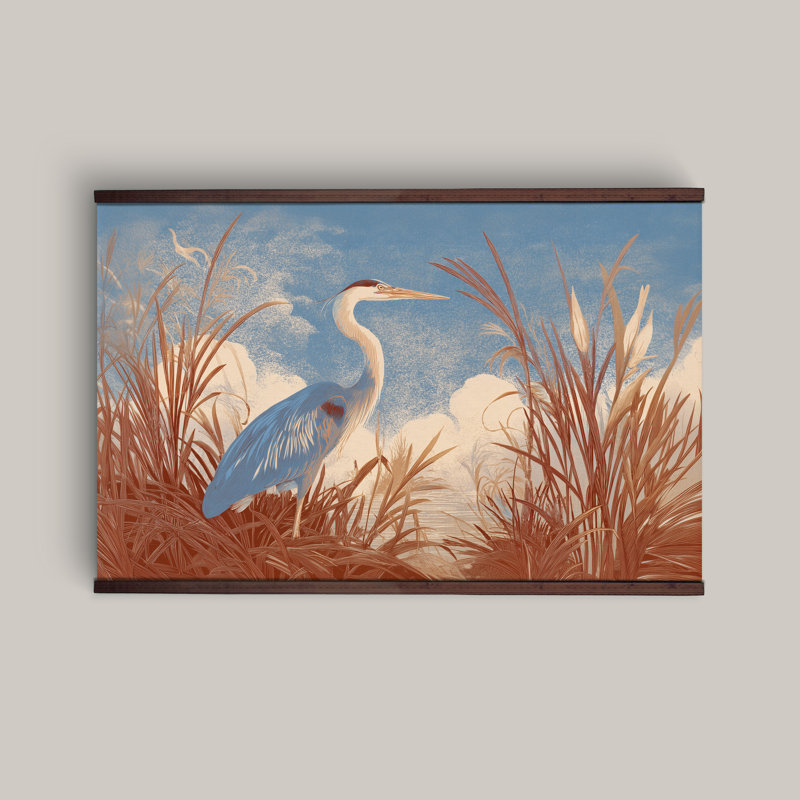 «Blue Heron in Marsh», art mural - toile de paysage avec cintre en bois, H 40 po x l 60 po 