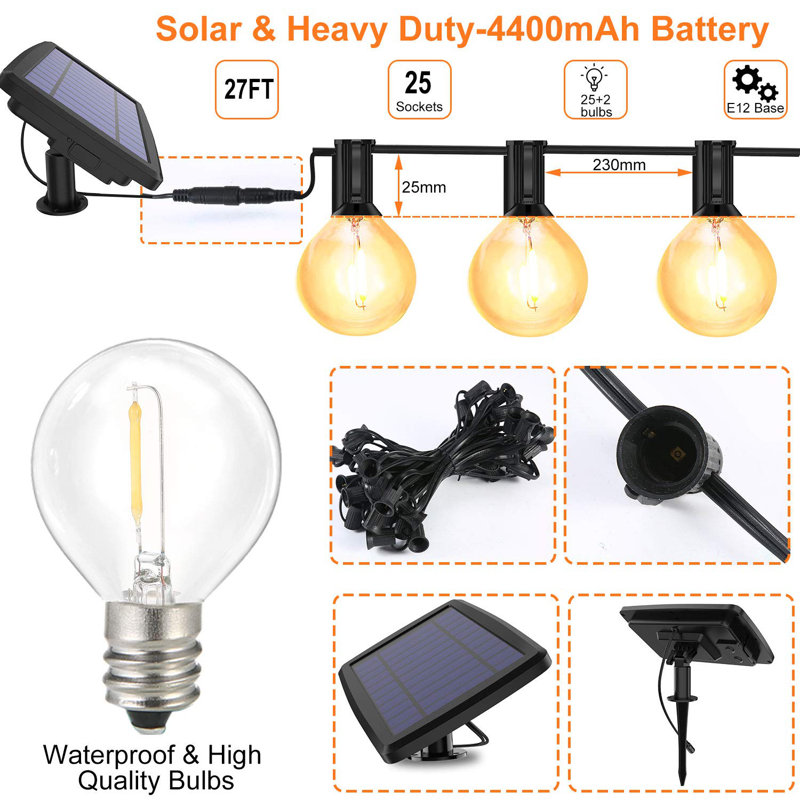 27FT Solar-Powered Outdoor Globe LED String Lights