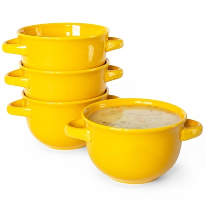 Pot à soupe en oignon français en céramique avec poignées Kook, 18 oz, jaune, ensemble de 4, Jaune
