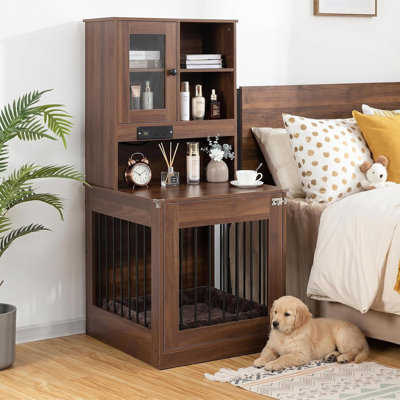 Caisse pour chien de 54 pouces en bois de style meuble brun pour petits chiens, table de chevet pour table d'appoint avec tablette de rangement, prise de courant intégrée et ports USB pour chambre à coucher et salon