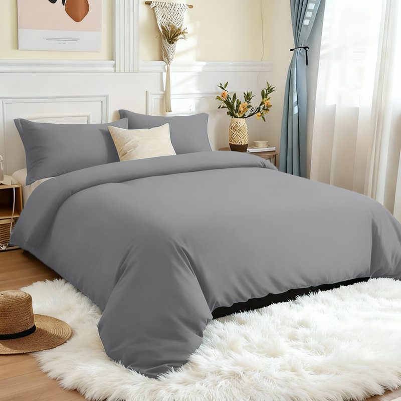 Microfiber 250 TC Reversible 4 piece Plain Duvet Cover Set with Pillowcases, Double Duvet Cover + 4 Additional Pieces, Grey